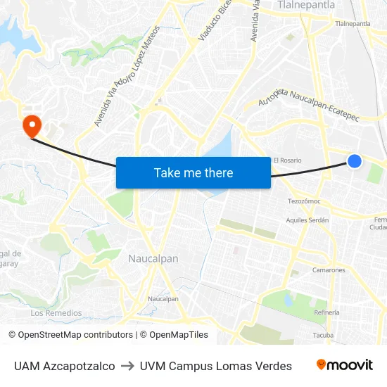 UAM Azcapotzalco to UVM Campus Lomas Verdes map