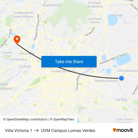 Villa Victoria 1 to UVM Campus Lomas Verdes map
