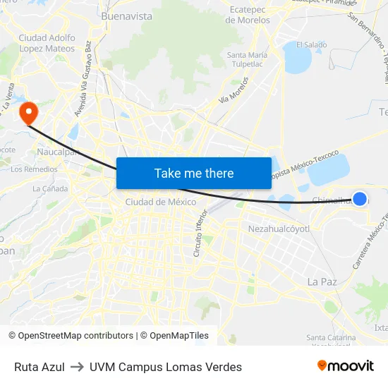 Ruta Azul to UVM Campus Lomas Verdes map