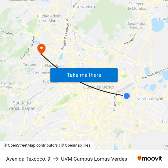 Avenida Texcoco, 9 to UVM Campus Lomas Verdes map