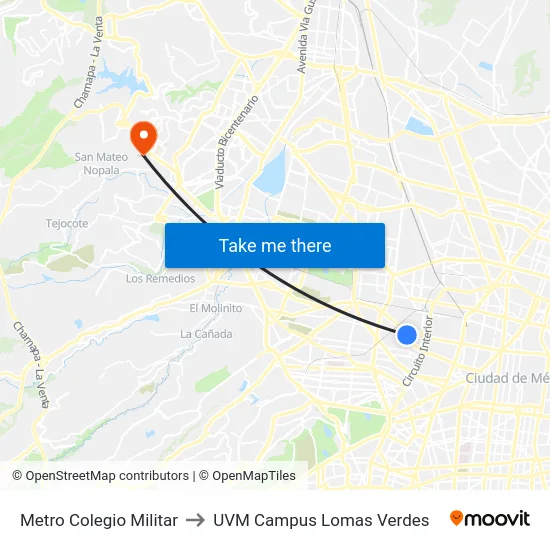 Metro Colegio Militar to UVM Campus Lomas Verdes map