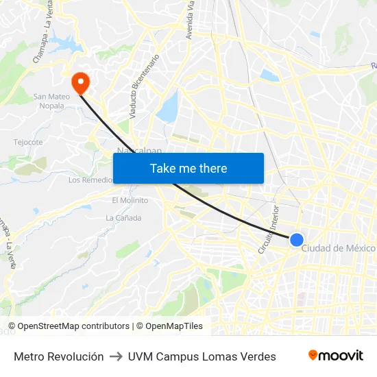 Metro Revolución to UVM Campus Lomas Verdes map