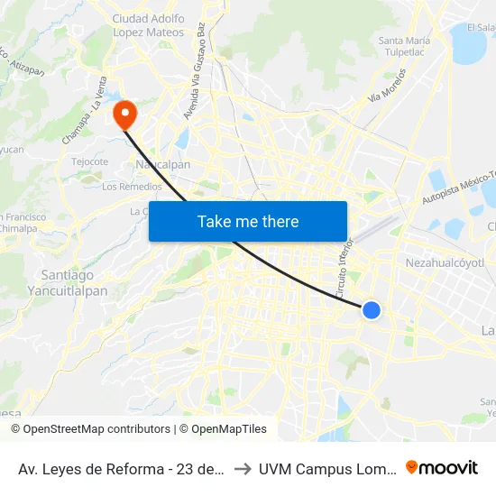 Av. Leyes de Reforma - 23 de Julio de 1859 to UVM Campus Lomas Verdes map