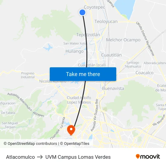 Atlacomulco to UVM Campus Lomas Verdes map