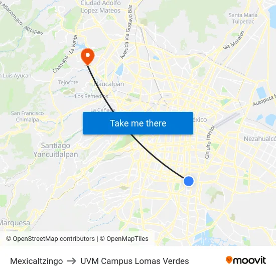 Mexicaltzingo to UVM Campus Lomas Verdes map