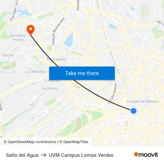 Salto del Agua to UVM Campus Lomas Verdes map