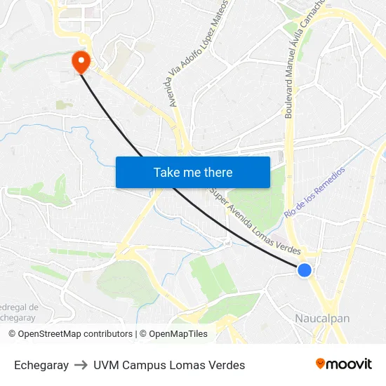 Echegaray to UVM Campus Lomas Verdes map
