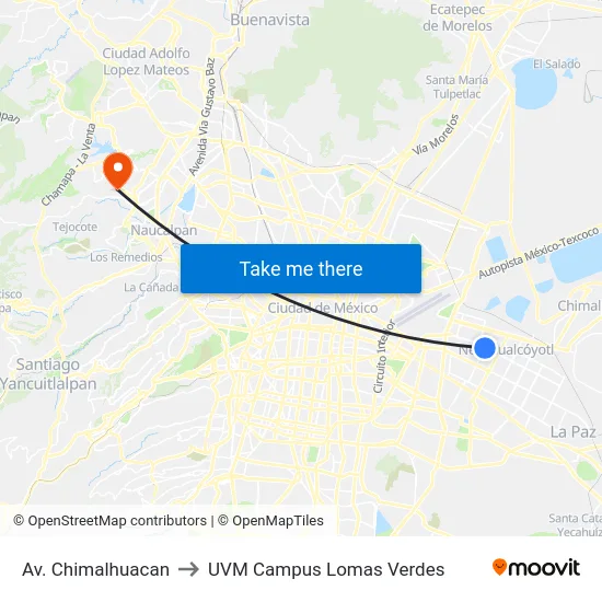 Av. Chimalhuacan to UVM Campus Lomas Verdes map