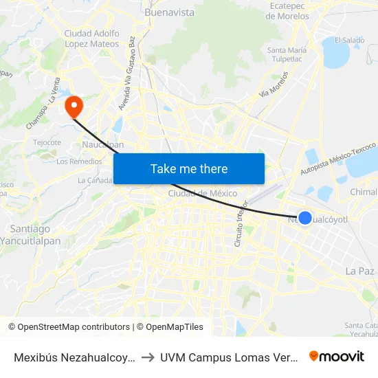 Mexibús Nezahualcoyotl to UVM Campus Lomas Verdes map