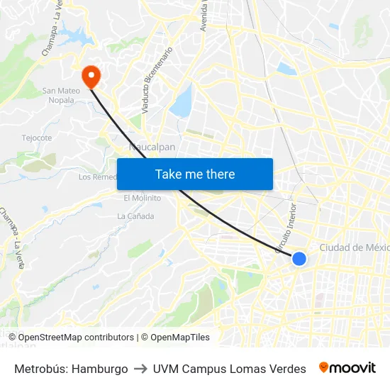Metrobús: Hamburgo to UVM Campus Lomas Verdes map