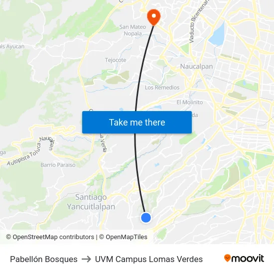 Pabellón Bosques to UVM Campus Lomas Verdes map