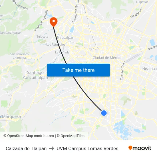 Calzada de Tlalpan to UVM Campus Lomas Verdes map