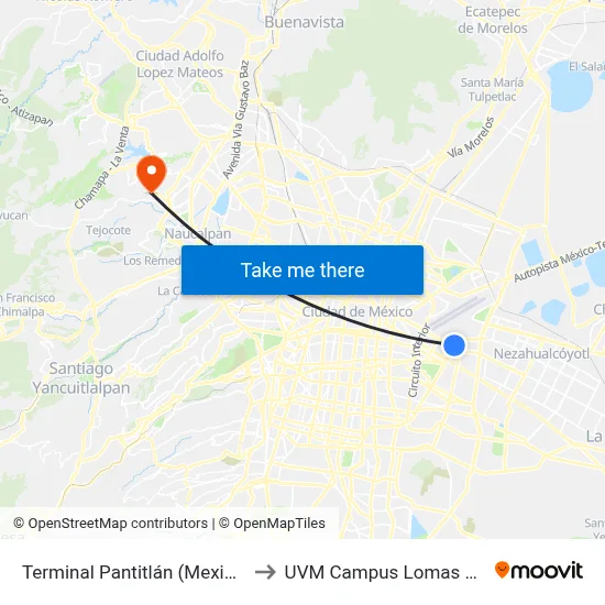 Terminal Pantitlán (Mexibus L3) to UVM Campus Lomas Verdes map