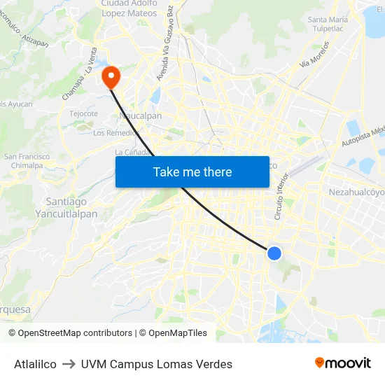 Atlalilco to UVM Campus Lomas Verdes map