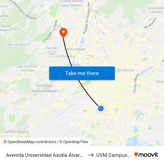 Avenida Universidad Axotla Álvaro Obregón Cdmx 01030 México to UVM Campus Lomas Verdes map