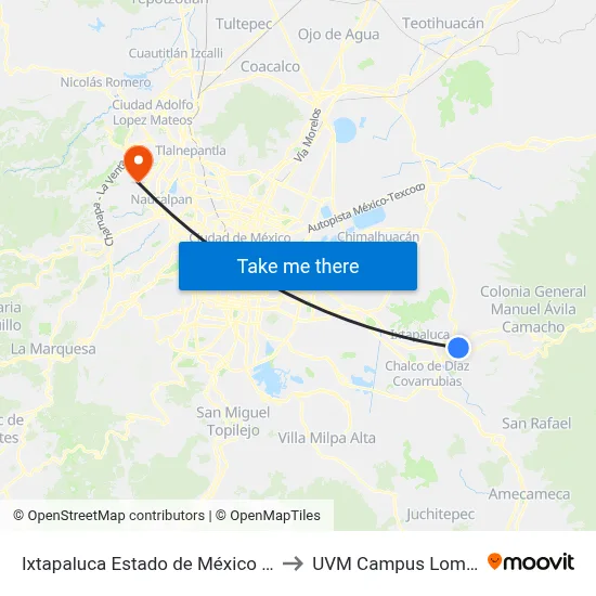 Ixtapaluca Estado de México 56530 México to UVM Campus Lomas Verdes map
