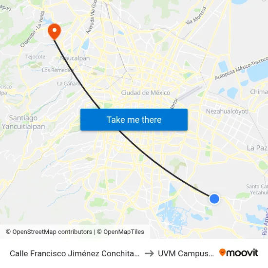 Calle Francisco Jiménez Conchita A Tláhuac Cdmx 13360 México to UVM Campus Lomas Verdes map