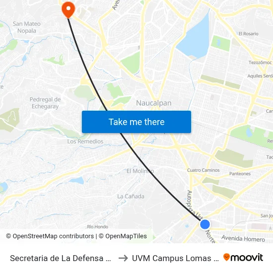Secretaria de La Defensa Nacional to UVM Campus Lomas Verdes map