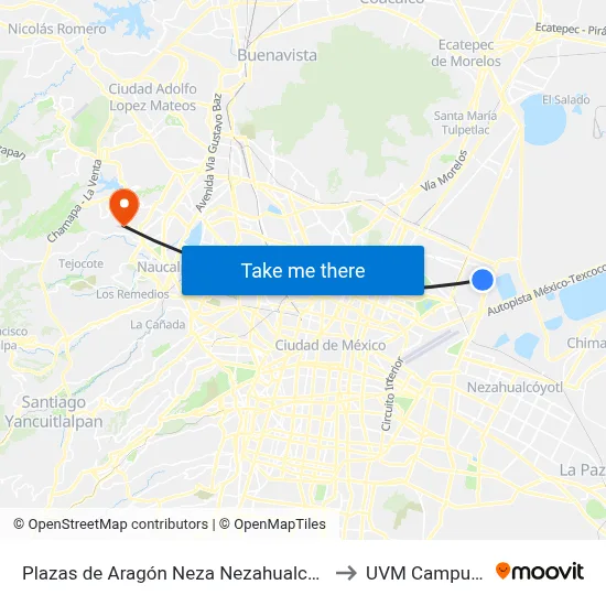 Plazas de Aragón Neza Nezahualcóyotl Estado de México 57130 México to UVM Campus Lomas Verdes map