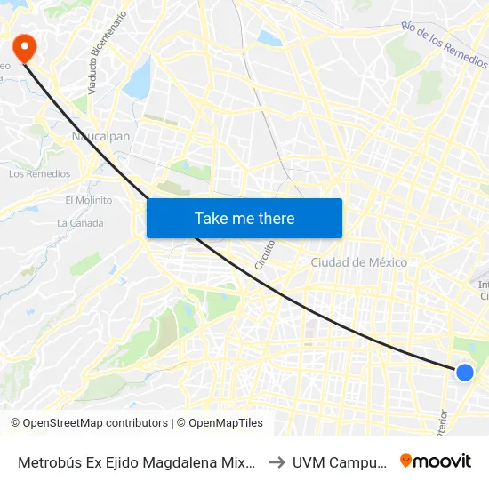 Metrobús Ex Ejido Magdalena Mixhuca Iztacalco Cdmx 08010 México to UVM Campus Lomas Verdes map