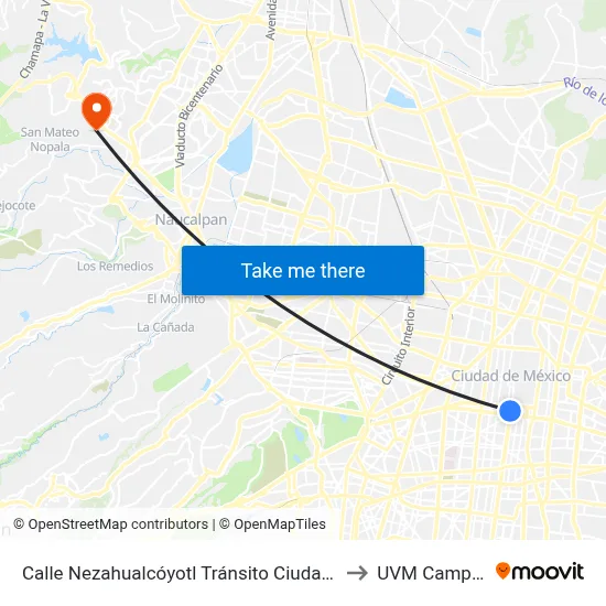 Calle Nezahualcóyotl Tránsito Ciudad de México Cuauhtémoc Cdmx 06820 México to UVM Campus Lomas Verdes map