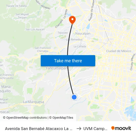 Avenida San Bernabé Atacaxco La Magdalena Contreras Cdmx 10370 México to UVM Campus Lomas Verdes map