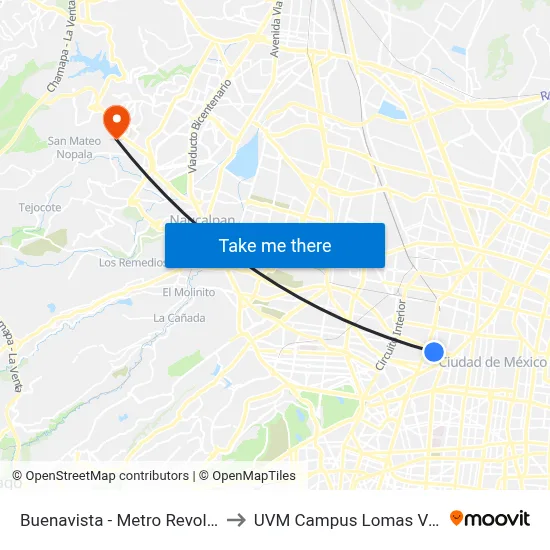 Buenavista - Metro Revolución to UVM Campus Lomas Verdes map