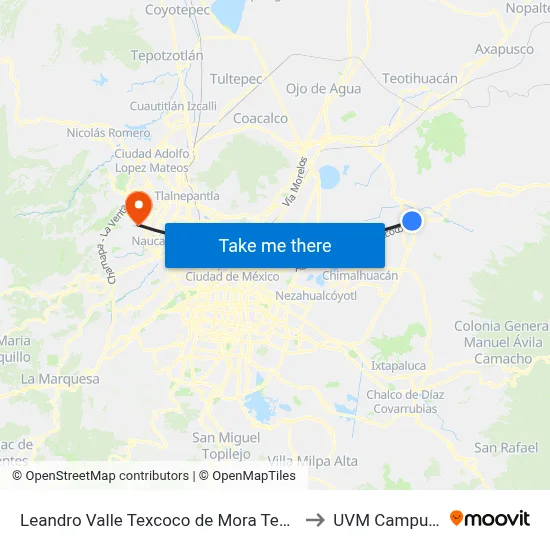 Leandro Valle Texcoco de Mora Texcoco Estado de México 56100 México to UVM Campus Lomas Verdes map