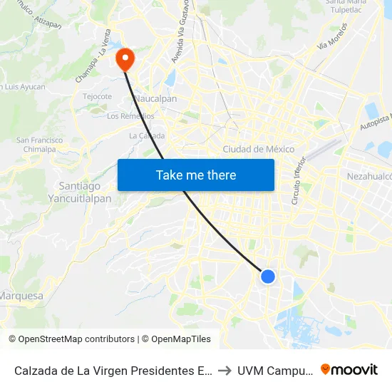 Calzada de La Virgen Presidentes Ejidales Coyoacán Cdmx 04470 México to UVM Campus Lomas Verdes map