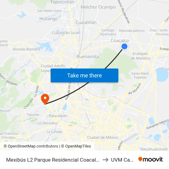 Mexibús L2 Parque Residencial Coacalco Coacalco Coacalco de Berriozábal Estado de México 55000 México to UVM Campus Lomas Verdes map
