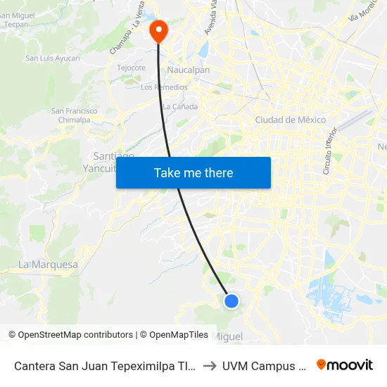 Cantera San Juan Tepeximilpa Tlalpan Cdmx 14427 México to UVM Campus Lomas Verdes map