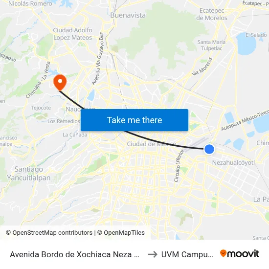 Avenida Bordo de Xochiaca Neza Nezahualcóyotl Cdmx 15640 México to UVM Campus Lomas Verdes map