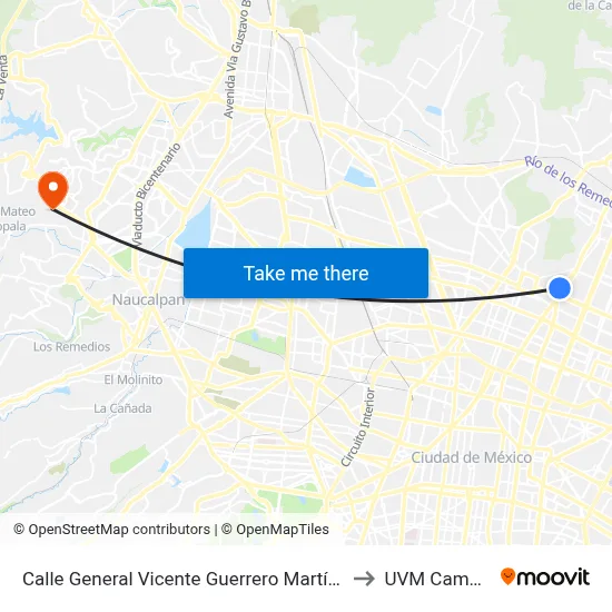 Calle General Vicente Guerrero Martín Carrera Gustavo A. Madero Cdmx 07070 México to UVM Campus Lomas Verdes map