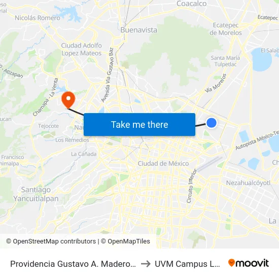 Providencia Gustavo A. Madero Cdmx 07550 México to UVM Campus Lomas Verdes map
