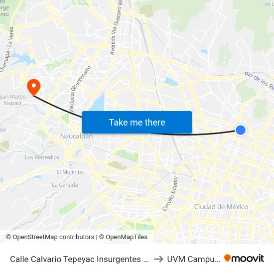 Calle Calvario Tepeyac Insurgentes Gustavo A. Madero Cdmx 07020 México to UVM Campus Lomas Verdes map