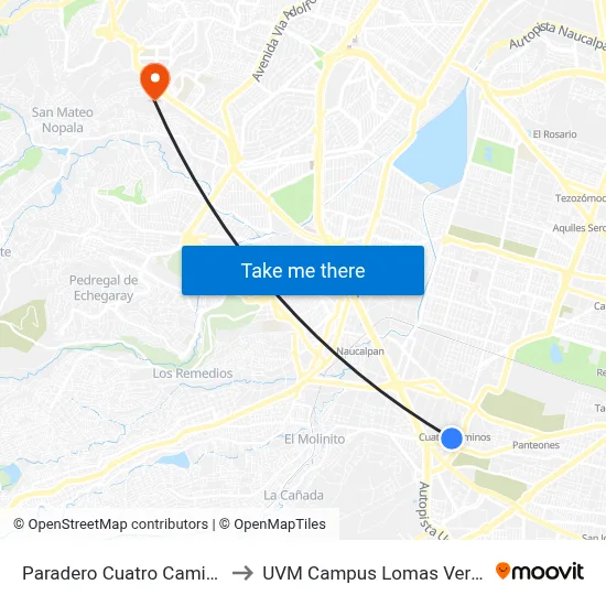 Paradero Cuatro Caminos to UVM Campus Lomas Verdes map