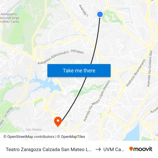 Teatro Zaragoza Calzada San Mateo López Mateos Atizapán de Zaragoza Estado de México 52900 México to UVM Campus Lomas Verdes map