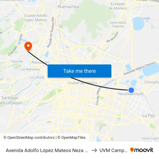 Avenida Adolfo López Mateos Neza Nezahualcóyotl Estado de México 57000 México to UVM Campus Lomas Verdes map