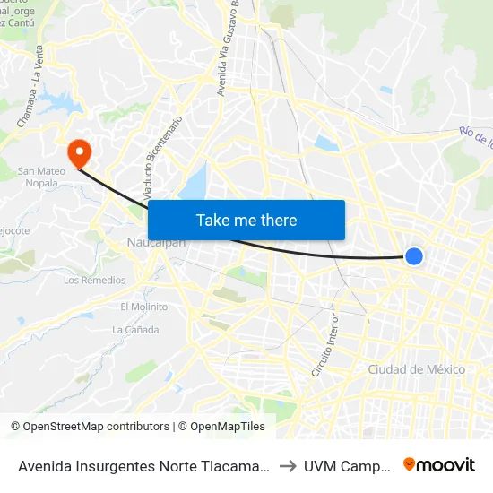 Avenida Insurgentes Norte Tlacamaca Gustavo A. Madero Cdmx 07380 México to UVM Campus Lomas Verdes map