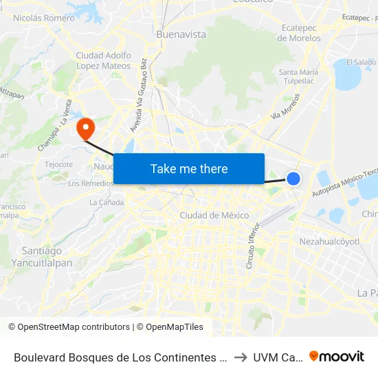 Boulevard Bosques de Los Continentes Colonia Bosques de Aragón Neza Nezahualcóyotl Estado de México 57170 México to UVM Campus Lomas Verdes map