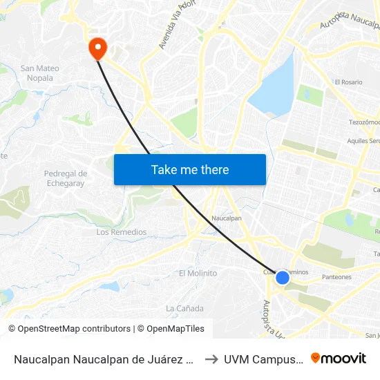 Naucalpan Naucalpan de Juárez Estado de México 53569 México to UVM Campus Lomas Verdes map