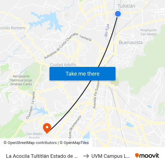 La Acocila Tultitlán Estado de México 54915 México to UVM Campus Lomas Verdes map