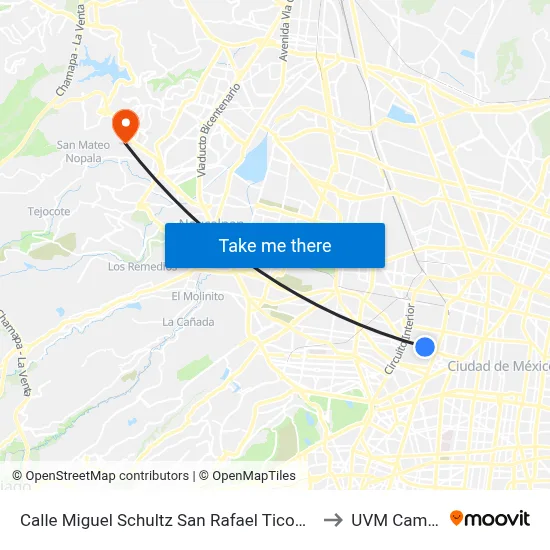 Calle Miguel Schultz San Rafael Ticomán Ciudad de México Cuauhtémoc Cdmx 06470 México to UVM Campus Lomas Verdes map