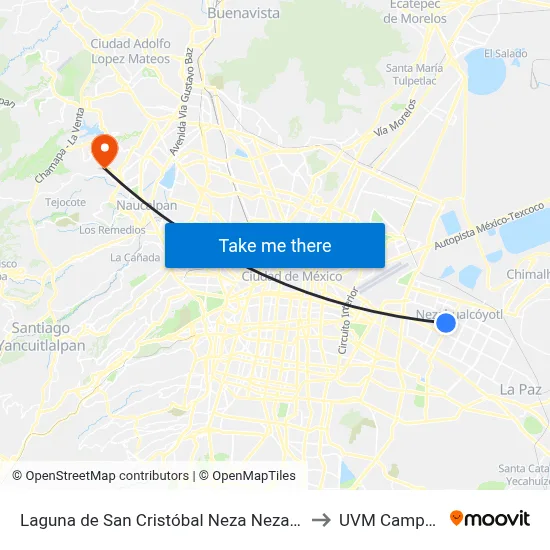 Laguna de San Cristóbal Neza Nezahualcóyotl Estado de México 57000 México to UVM Campus Lomas Verdes map