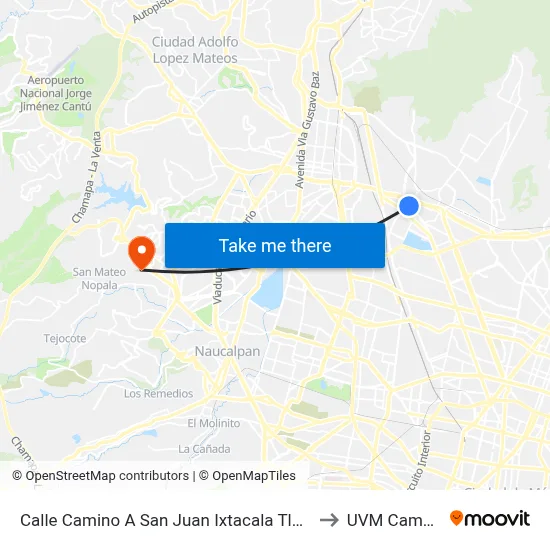 Calle Camino A San Juan Ixtacala Tlalnepantla Tlalnepantla de Baz Cdmx 54150 México to UVM Campus Lomas Verdes map