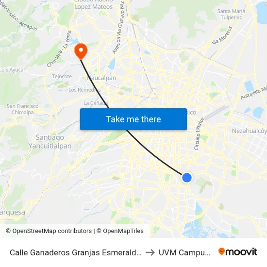 Calle Ganaderos Granjas Esmeralda Iztapalapa Cdmx 09810 México to UVM Campus Lomas Verdes map