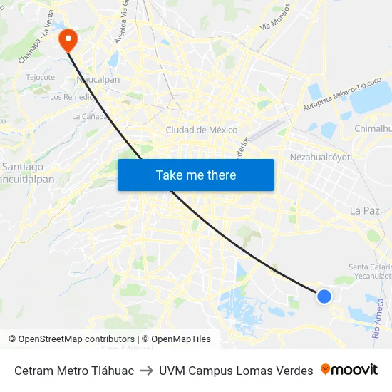 Cetram Metro Tláhuac to UVM Campus Lomas Verdes map