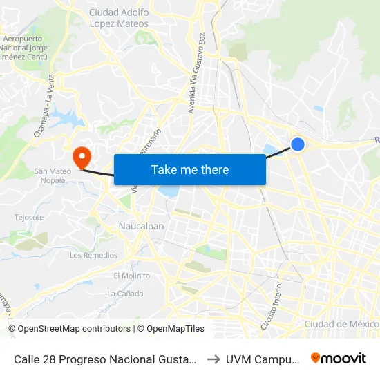 Calle 28 Progreso Nacional Gustavo A. Madero Cdmx 07600 México to UVM Campus Lomas Verdes map