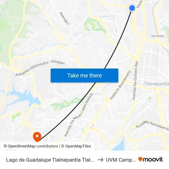 Lago de Guadalupe Tlalnepantla Tlalnepantla de Baz Estado de México 54015 México to UVM Campus Lomas Verdes map