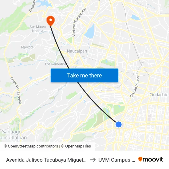 Avenida Jalisco Tacubaya Miguel Hidalgo Cdmx 11870 México to UVM Campus Lomas Verdes map